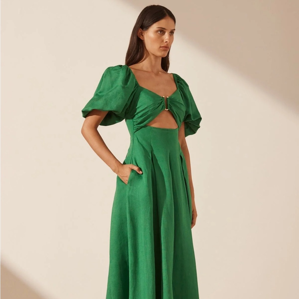 Mare Linen Short Sleeve Cut Out Midi Dress - Tree Green